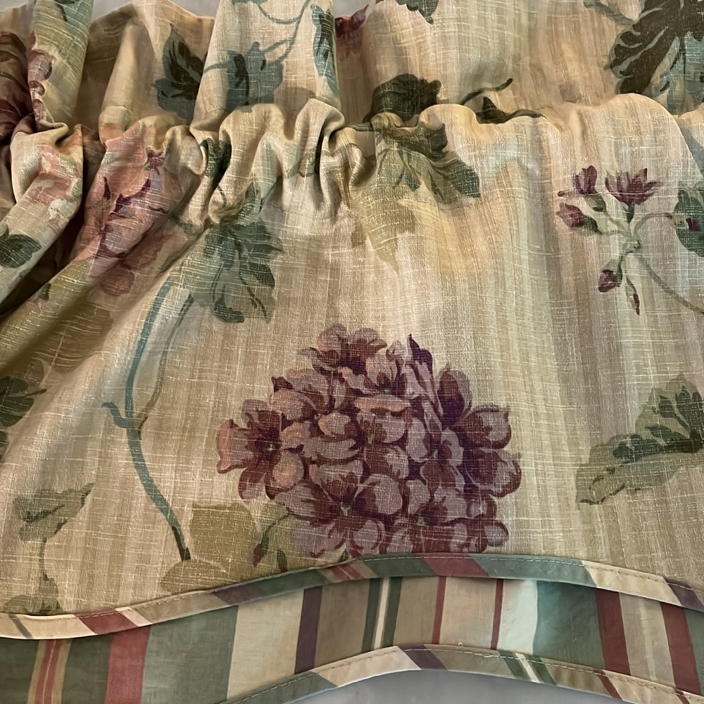 Waverly valances (2) muted florals contrasting stripe.  75” long & 16.5” long - Picture 4 of 5